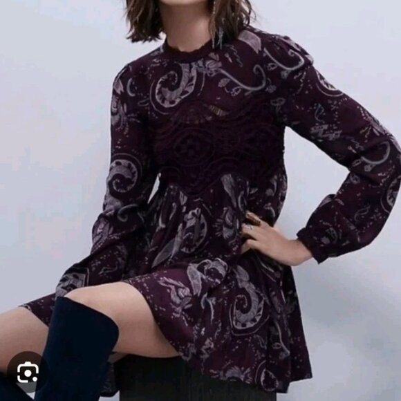 Free People Boho Hippie Lace Whimsigoth Paisley Sz XS Tunic Mini Dress Burgundy - Picture 4 of 12
